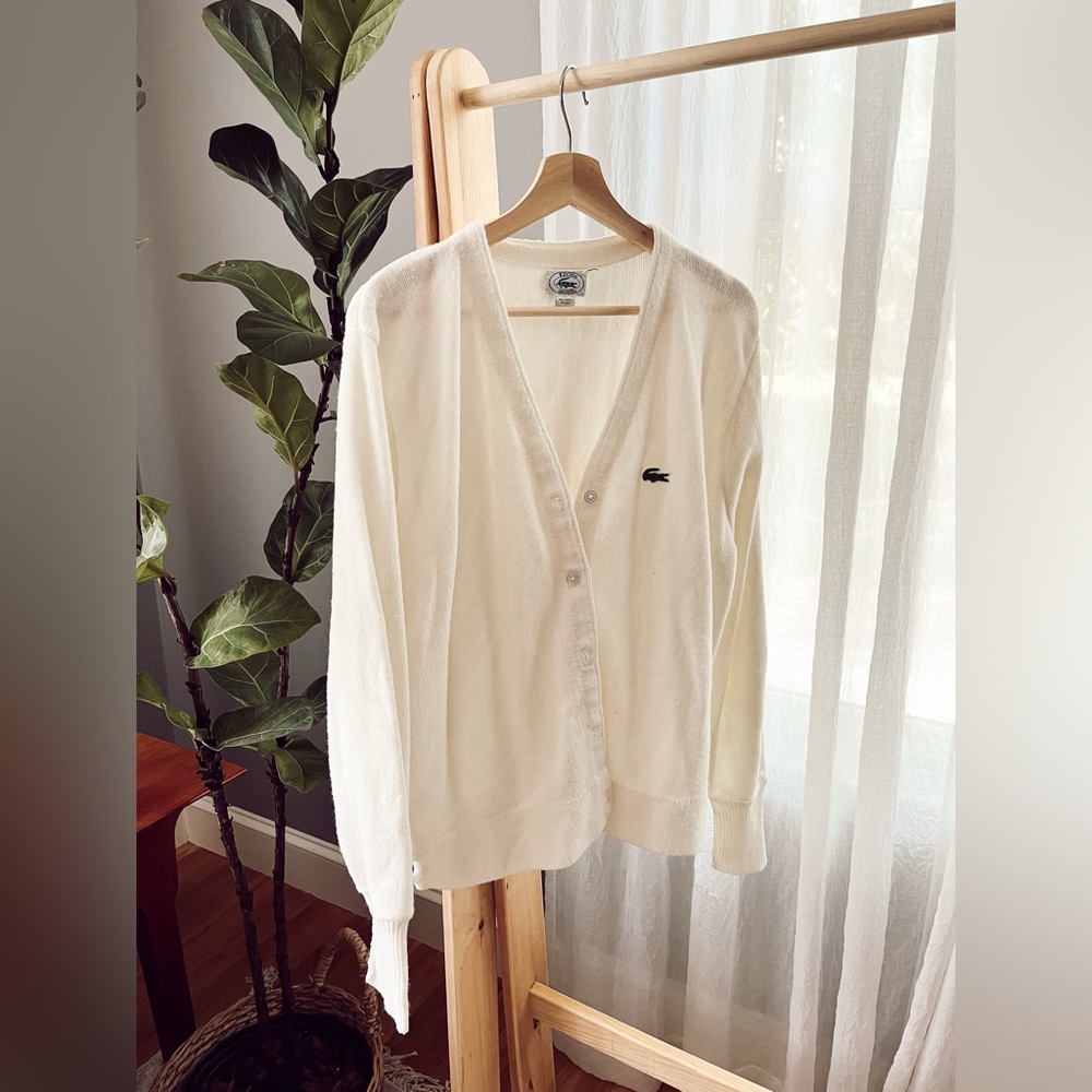 Vintage Izod Lacoste Cardigan White Tennis Prep Quiet Luxury 90s Large 80s